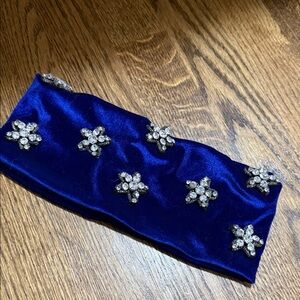 Blue Velvet headband  with Silver Floral Accents